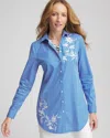 Chico's No Iron™ Embroidered Pinstriped Tunic Top In Turkish Sea Size Large |  In Turkish Sea