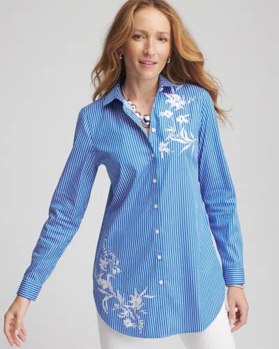 Chico's No Iron™ Embroidered Pinstriped Tunic Top In Turkish Sea Size Large |