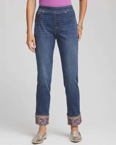 Chico's Embellished Pull-on Slim Ankle Jeggings In Medium Wash Denim In Blue