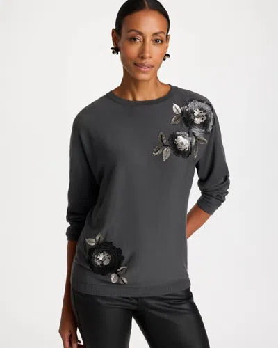 Chico's Embellished Short Sleeve Pullover Sweater In Gray