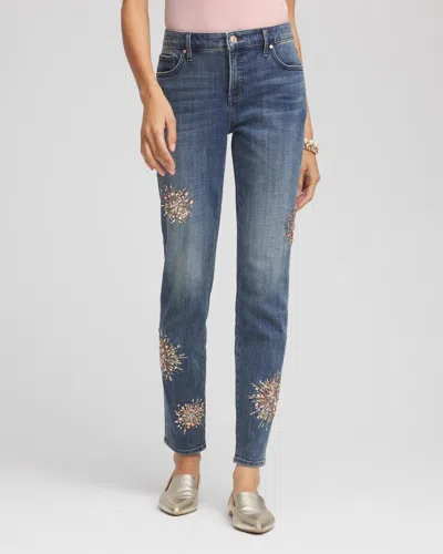 Chico's Embellished Starbursts Girlfriend Slim Ankle Jeans In Brilliant Blue Indigo