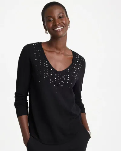 Chico's Embellished V-neck Long Sleeve Sweater In Black