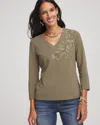 Chico's Embroidered 3/4 Sleeve Perfect Tee In Nettle Leaf