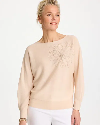 Chico's Embroidered 3/4 Sleeve Sweater In Neutral