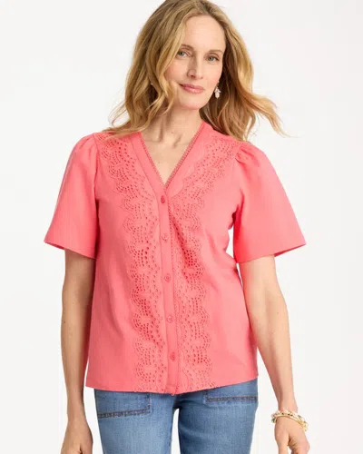 Chico's Embroidered Button-front Tee In Calypso Coral In Pink