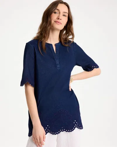 Chico's Embroidered Cotton-blend Tunic In Dark Wash In Blue