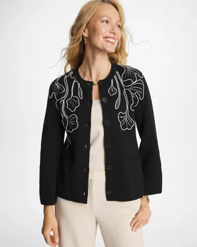 Chico's Embroidered Crewneck Cardigan Sweater Jacket In Black