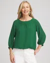 Chico's Embroidered Crinkle Chiffon Blouse In Palm Leaf In Green