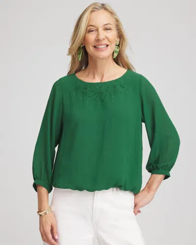 Chico's Embroidered Crinkle Chiffon Blouse In Palm Leaf In Green
