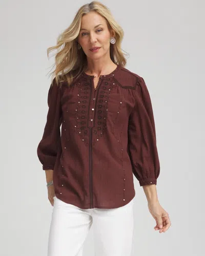 Chico's Embroidered Crinkle-cotton Blouse In Cacao In Brown