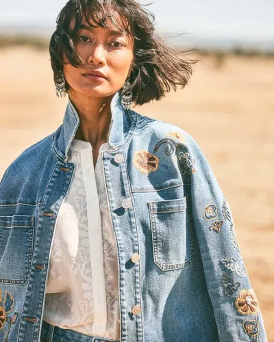 Chico's Embroidered Cropped Denim Jacket In Mist Flower Indigo