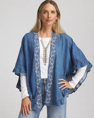 Chico's Embroidered Denim Ruffled Ruana In Freya Indigo