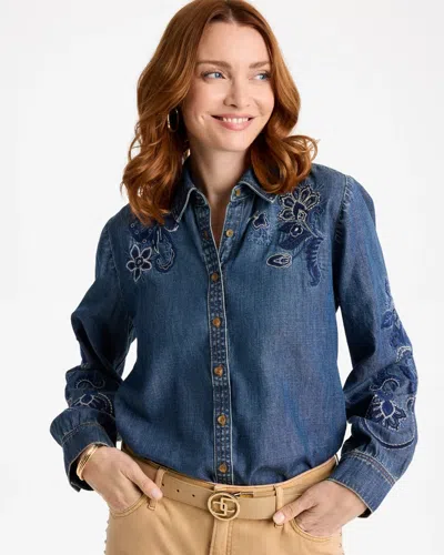 Chico's Embroidered Denim Shirt In Percy Lake Indigo In Blue