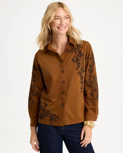 Chico's Embroidered Faux Suede Shirt In Cinnamon Bark