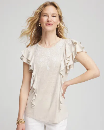 Chico's Embroidered Flutter-sleeve Tee In Neutral In Gray