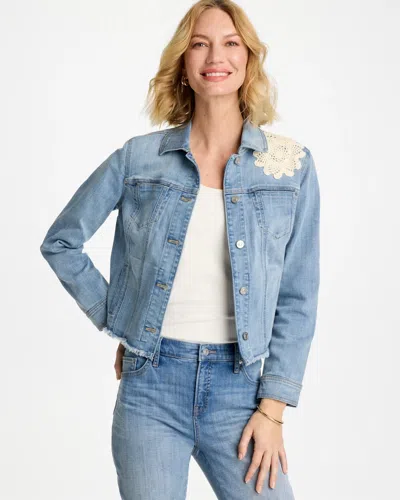 Chico's Embroidered Frayed Denim Trucker Jacket In Light Wash Denim