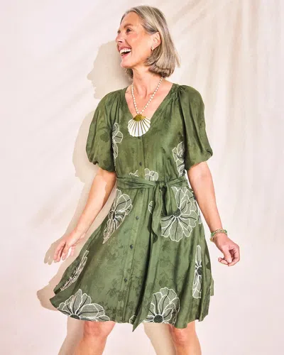 Chico's Embroidered Jacquard Belted Dress In Kelp Forest In Green