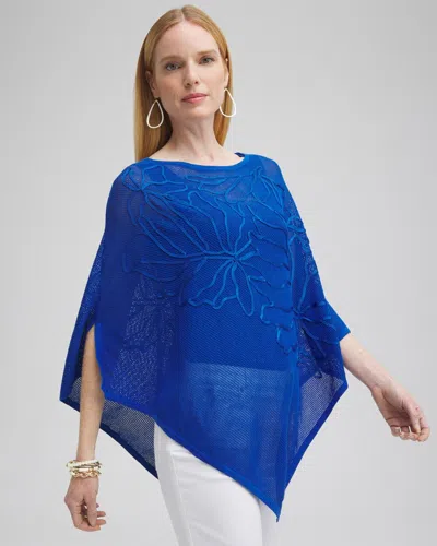 Chico's Embroidered Knit Triangle Poncho In Intense Azure Size Large/xl |