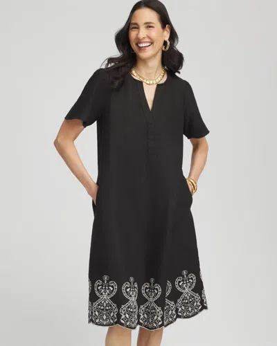 Chico's Embroidered Linen Flutter-sleeve Dress In Black