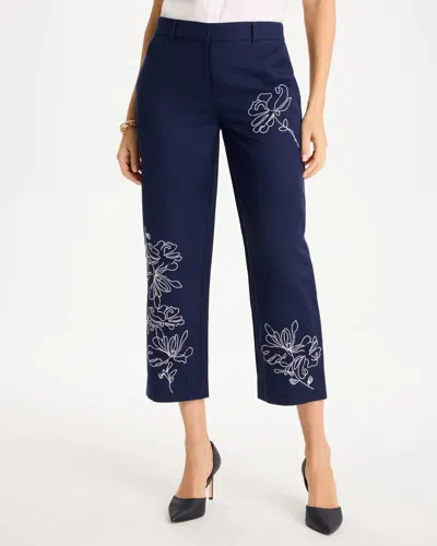 Chico's Embroidered Linen Fly Front Pants In Blue