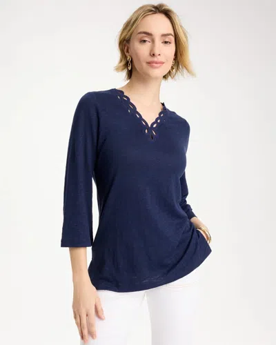 Chico's Embroidered Linen Tee In Blue