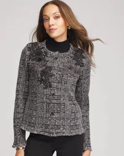 Chico's Embroidered Metallic Tweed Cardigan Sweater In Gray