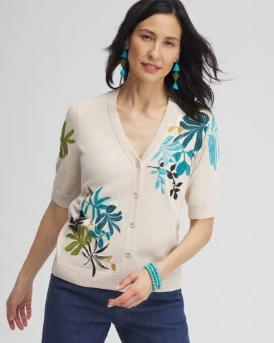 Chico's Embroidered Palms Cardigan Sweater In Light Neutral Heather Size 4/6 |
