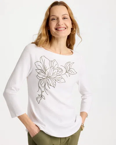 Chico's Embroidered Pima 3/4 Sleeve Tee In White