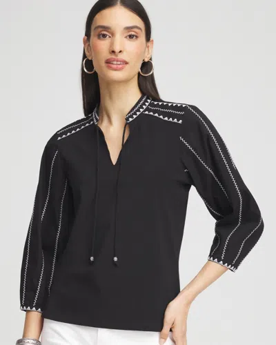 Chico's Embroidered Pintuck Lantern-sleeve Top In Black Size 4/6 |