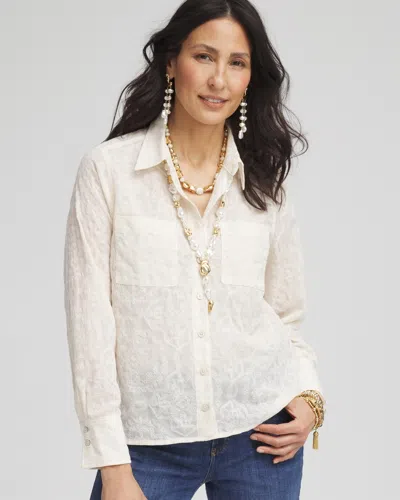 Chico's Embroidered Pocket Collared Shirt In White Size 18 |  In Ecru