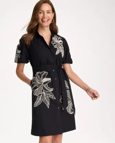 Chico's Embroidered Poplin Cotton Belted Dress In Black