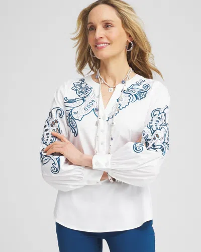 Chico's Embroidered Poplin Splitneck Shirt In White Size 20/22 |  In Alabaster