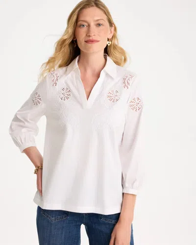 Chico's Embroidered Popover Poplin Cotton Shirt In White In Alabaster