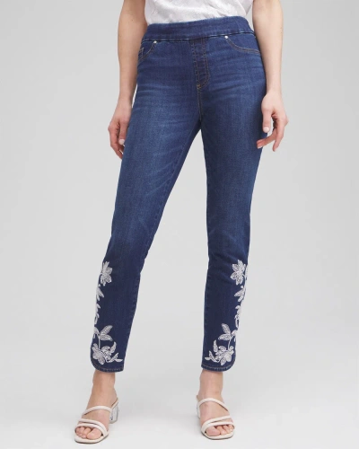 Chico's Embroidered Pull-on Ankle Jeggings In Medium Wash Denim Size 8 |  In Morwenna Indigo