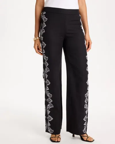 Chico's Embroidered Pull-on Wide-leg Linen Pants In Black