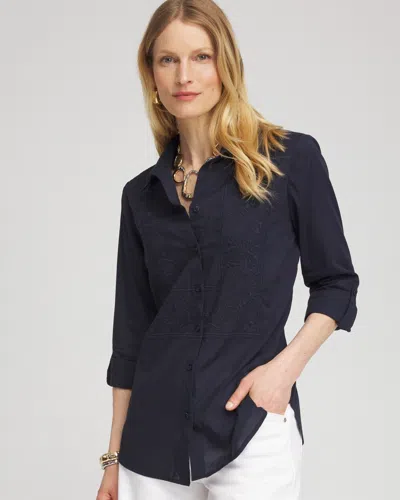 Chico's Embroidered Roll Tab Tunic Top In Navy Blue Size Medium |
