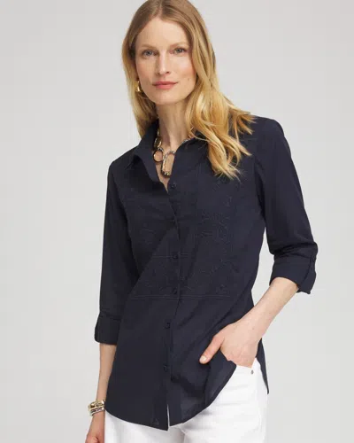 Chico's Embroidered Roll Tab Tunic Top In Blue Size 12 |  In Navy Blue