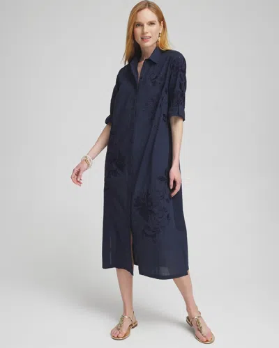 Chico's Embroidered Shirt Dress In Navy Blue Size 8-m |