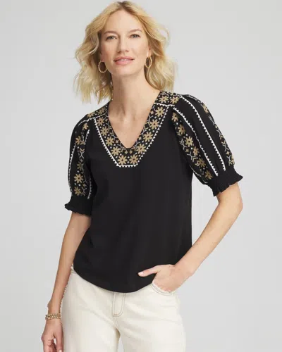 Chico's Embroidered Smocked-sleeve Tee In Black