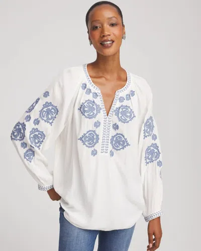Chico's Embroidered Splitneck Shirt In White In Sand
