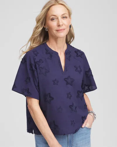 Chico's Embroidered Star Split Neck Blouse In Blue