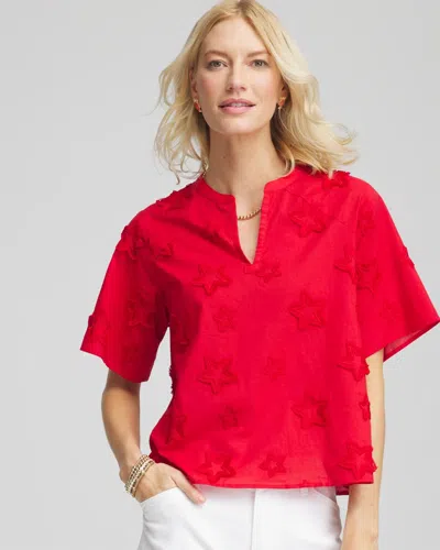 Chico's Embroidered Star Split Neck Blouse In Red