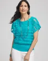 Chico's Embroidered Striped Banded Bottom Top In Blue In Green