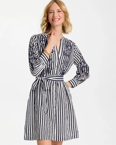 Chico's Embroidered Striped Dress In Blue