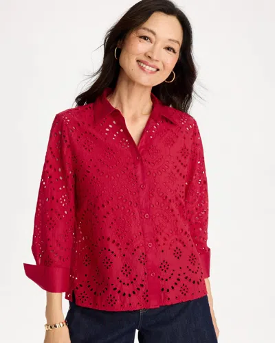 Chico's Eyelet Collared Shirt In Cherry Lush In Red