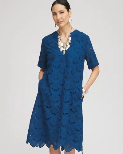 Chico's Eyelet Popover Dress In Blue Size 8-m |  In Seaport Blue