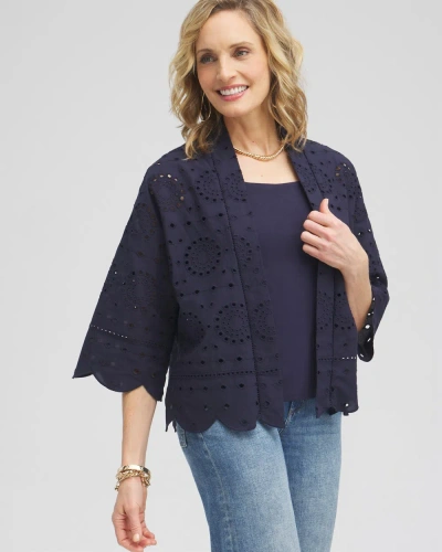 Chico's Eyelet Short Kimono Top In Navy Blue Size Large/xl |  In Classic Navy