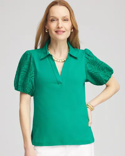 Chico's Eyelet Short Sleeved Top In Green