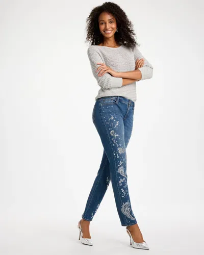 Chico's Faux Diamond Embellished Girlfriend Slim Ankle Jeans In Diamante Indigo In Blue