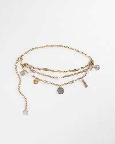 Chico's Faux Pearl And Coin Charm Chain Belt In Gold Size Medium/large |